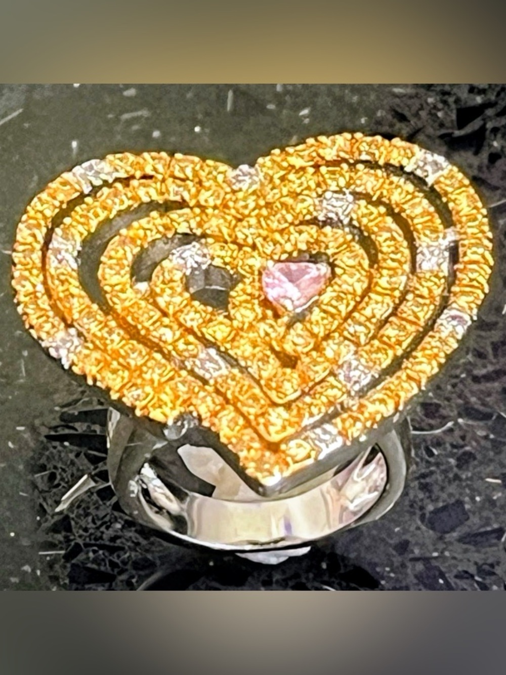 Canary Pink Micro Pave set Heart Cz Diamond Cocktail statement Wedding Ring Band - Picture 3 of 4